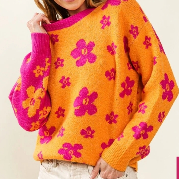 BiBi Oversized Fuzzy Daisy Retro Y2K Flower Knit Sweater - Orange & Pink Sz M - Picture 2 of 8